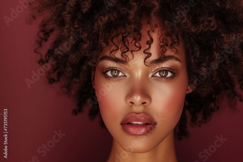 Close-up of woman's shimmery eye makeup and curly hair