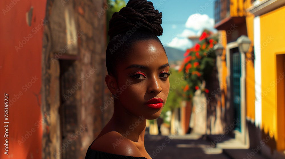 Fototapeta premium A poised young black woman on street in San Miguel De Allende, Mexico, looking at the camera.