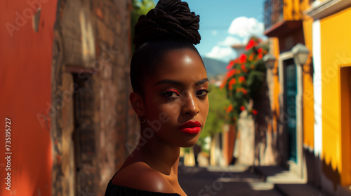 A poised young black woman on street in San Miguel De Allende, Mexico, looking at the camera.