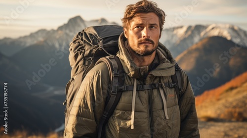 Man With Backpack Standing on Top of a Mountain