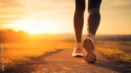 portrait of runner s footsteps running  sports training. Runner s feet running on the road closeup with shoes. Fitness  sport  lifestyle concept Young runner athlete running on the road