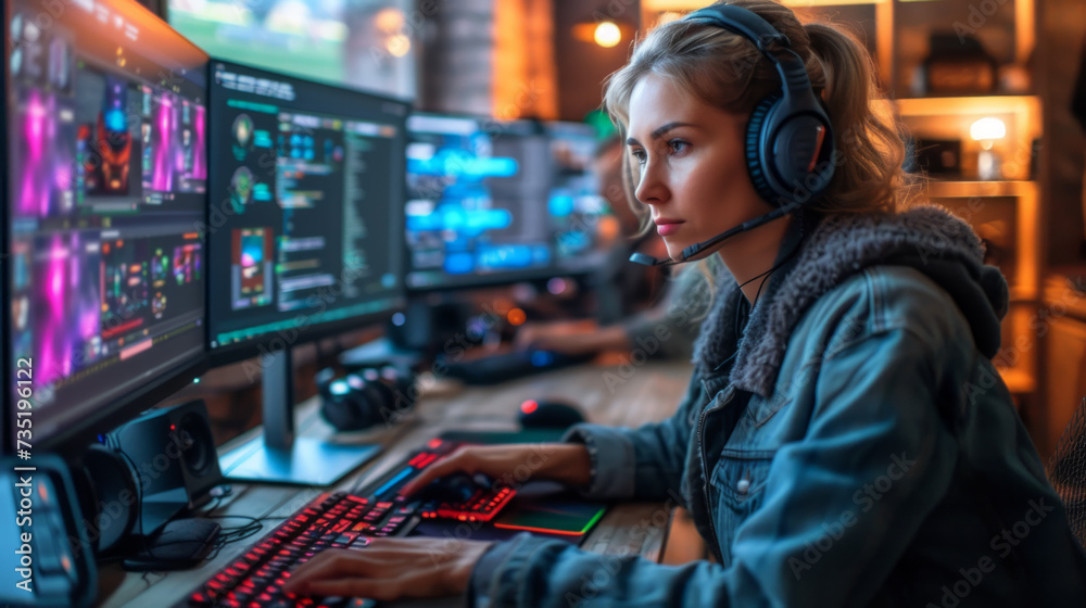 Woman gamer and blogger plays PC and streams her game on the Internet Woman gamer and blogger plays PC and streams her game on the Internet