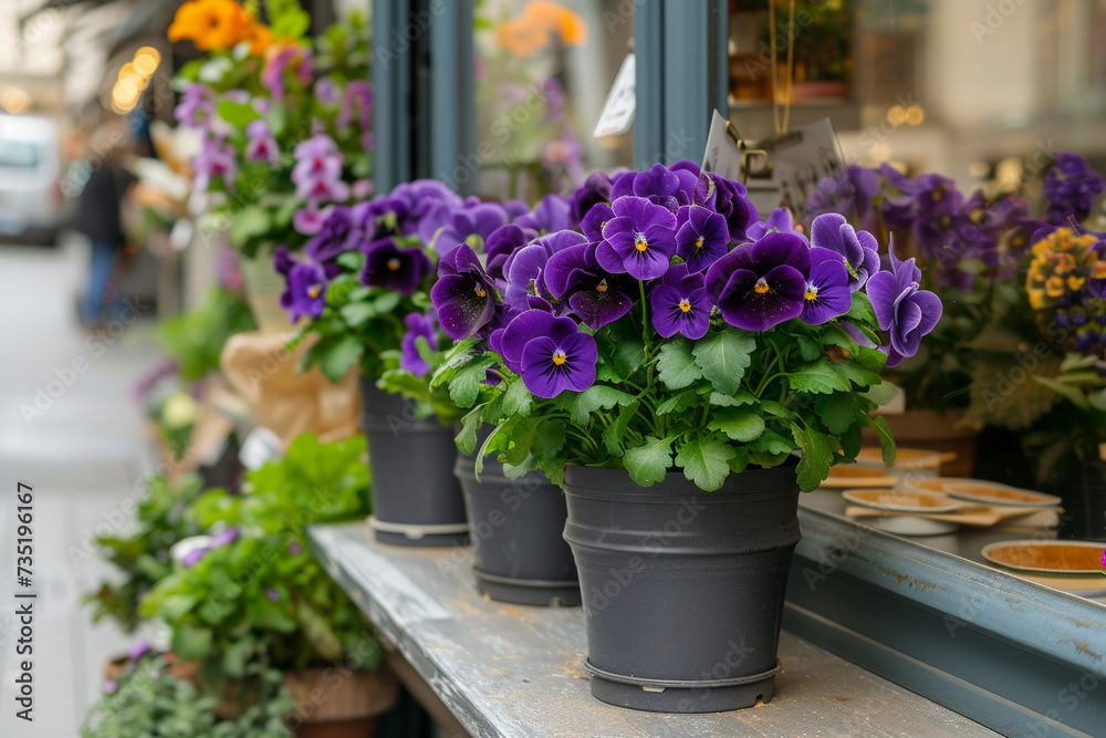 Flower shop with delicate purple pansy in pots.