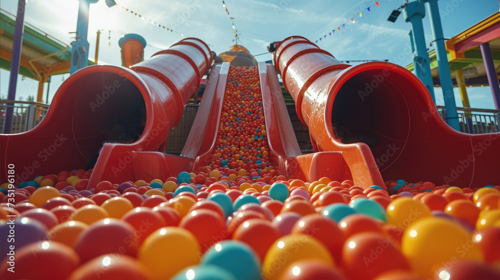 Three tubular red slides and a ball pit in a music festival. Generative AI. - obrazy, fototapety, plakaty 