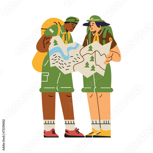 Scout travelers look at the map. isolated flat illustration.
