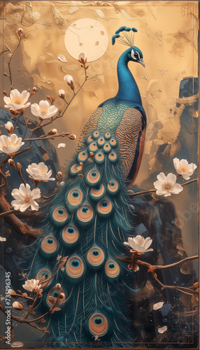 Engraving peacock, white flowers