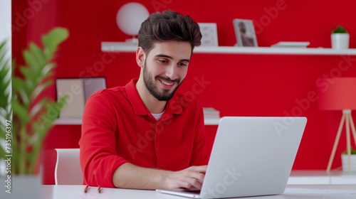 Portrait of a man at a laptop in red