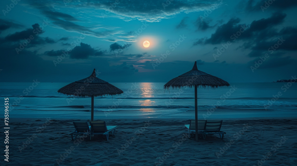 Parasols and loungers on the beach at night