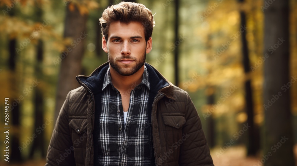 A man in a plaid shirt and dark brown jacket stands in the forest and looks at the camera with large copyspace area