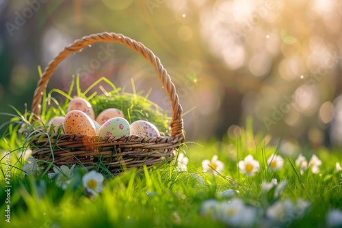 easter card, easter bunny with eggs, easter eggs and flowers, easter eggs in a basket, easter eggs and flowers on a white background, easter wall paper and background for social media 