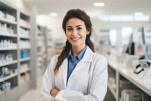 Young beautiful woman pharmacist smiling standing at the pharmacy. Female healthcare worker in a chemist. Hospital retail dispensary. Portrait of woman pharmacist in drugstore looking at camera.