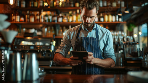 focused bearded man in a blue striped apron using a tablet in a bar setting