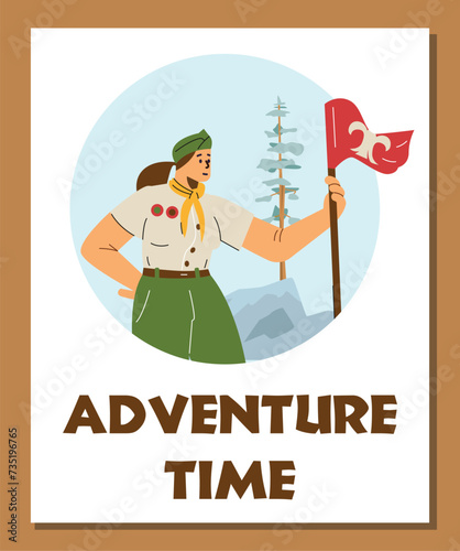 Girl wear scout uniform, neckerchief holding a flag, Adventure time vector poster, cartoon summer camp scouts leadership