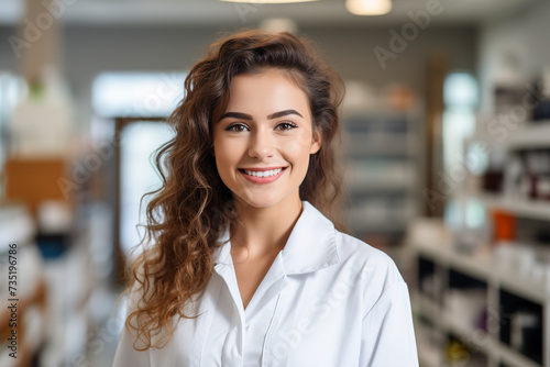 Young beautiful woman pharmacist smiling standing at the pharmacy. Female healthcare worker in a chemist. Hospital retail dispensary. Portrait of woman pharmacist in drugstore looking at camera.