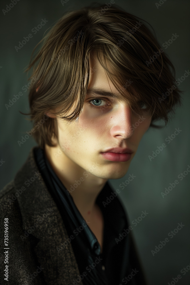 Hyper realistic photography, european model with straight brown hair on a dark background - Generative AI Hyper realistic photography, european model with straight brown hair on a dark background - Generative AI