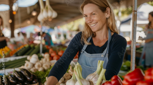 smiling woman wearing a blue apron, standing at a vegetable stand in a market, selecting or arranging fresh produce including red bell peppers.