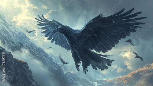Illustration of a black raven in flight