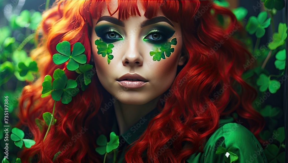 Makeup and hairstyle of a young woman in green with clover leaves for St. Patrick's Day. Close-up beauty portrait