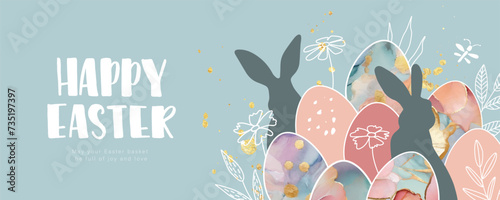 Happy Easter banner. Design with beautiful painted eggs  rabbits  various spring plants  golden splashes and handwritten inscription. Vector illustration.