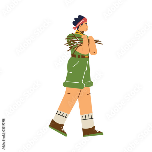 Boy wear scout uniform holds brushwood for a campfire, vector cartoon scout character, summer camp outdoor activities