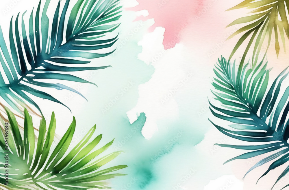 Watercolor background in pastel colors with frame of palm leaves