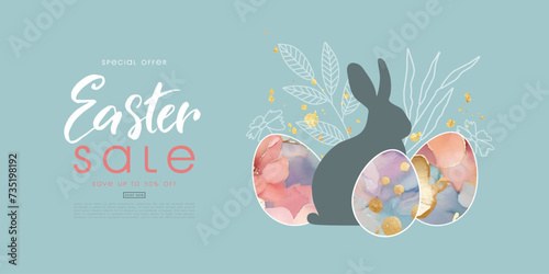 Easter Sale banner. Design with beautiful painted eggs, rabbit, various spring plants, golden splashes and handwritten inscription. Vector illustration.