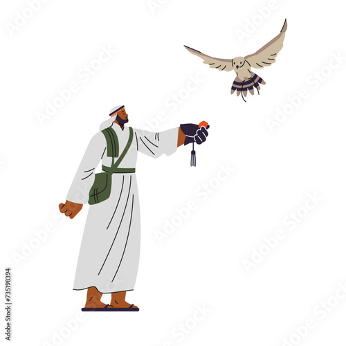 Vector Illustration of falconer man in robe releases falcon into flight