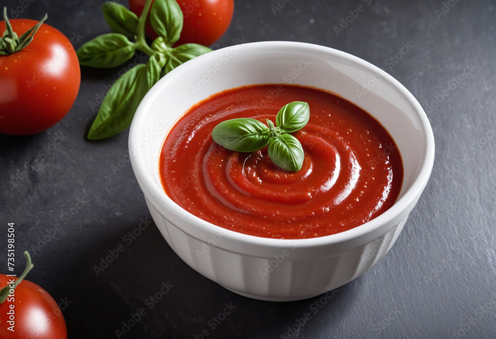 Tasty tomato sauce in a small white dish Tasty tomato sauce in a small white dish