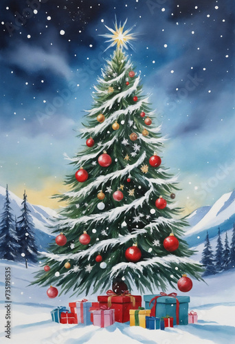 Christmas tree painting for greeting card and wishes © SR07XC3