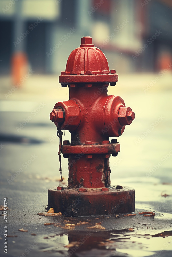 Old red fire hydrant on a street retro vintage photography