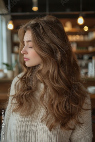 Young woman with soft curls in a cozy cafe