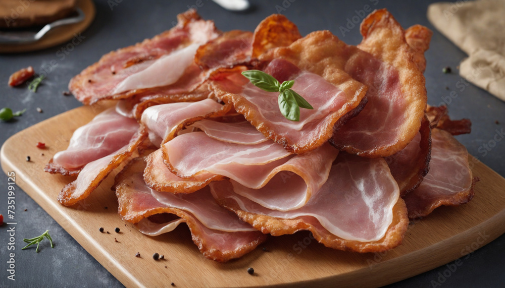 Delicious fried bacon on a cutting board with a lovely backdrop