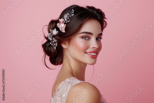 Wedding portrait, young woman with elegant hairstyle and hair accessory