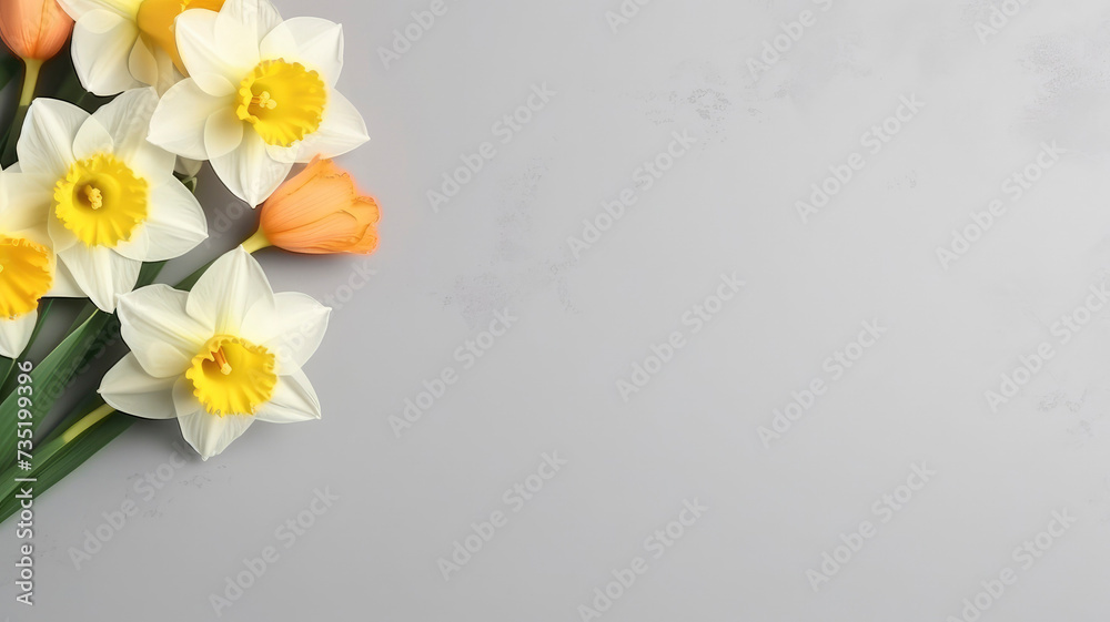 Spring composition of flowers daffodil bouquet, top view with space for copy space white background Spring composition of flowers daffodil bouquet, top view with space for copy space white background