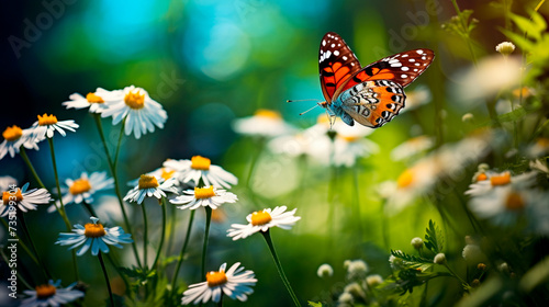 a butterfly flying over a field of flowers