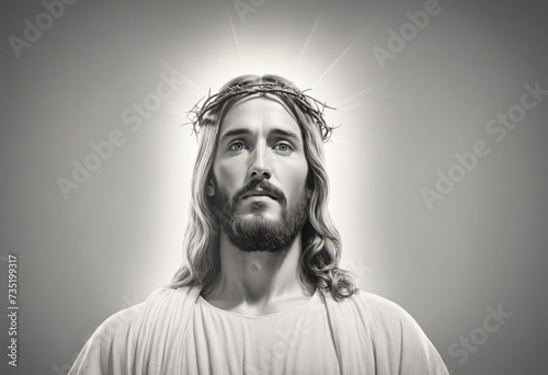 Sketch of Jesus Christ on white background with copy space