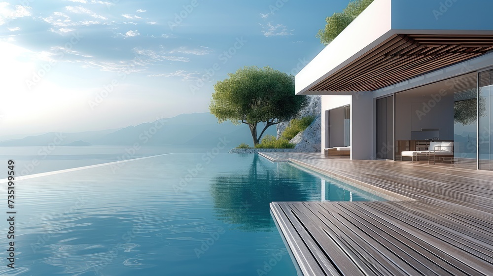 Luxury Island home, minimalist architectural style, wood deck with infinity pool, slatted wood pergola. Generative AI. - obrazy, fototapety, plakaty 