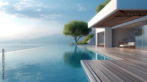 Luxury Island home, minimalist architectural style, wood deck with infinity pool, slatted wood pergola. Generative AI.