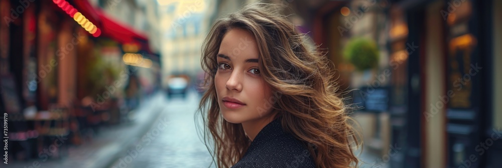 Fashionable woman with flowing hair on a city background Fashionable woman with flowing hair on a city background