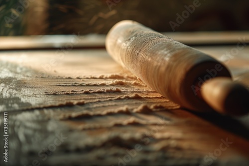 A rolling pin resting on a rustic wooden table. Perfect for baking and cooking projects
