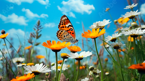 a butterfly flying over a field of flowers