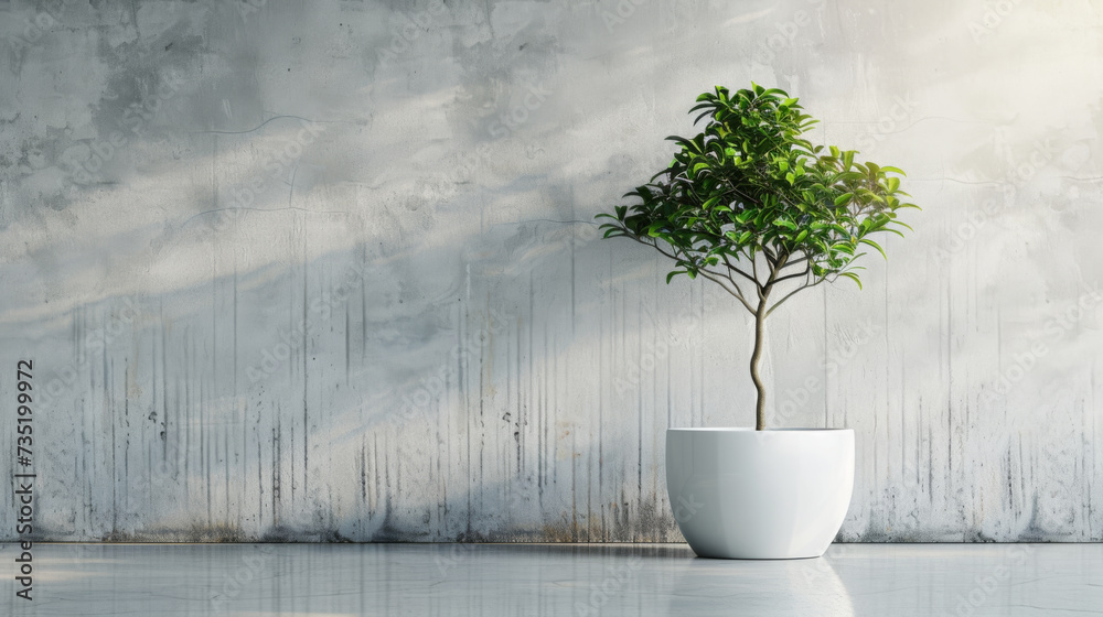 small tree with lush green leaves planted in a large white pot against a textured grey concrete wall. small tree with lush green leaves planted in a large white pot against a textured grey concrete wall.