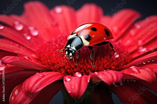 A ladybug sitting on a red flower on blurred background with water drops isolated on black background, Ladybug on flower petal with water drops, Ai generated