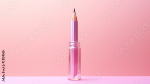 Pencil in a glass jar on a pink surface. Perfect for office supplies or back-to-school concepts