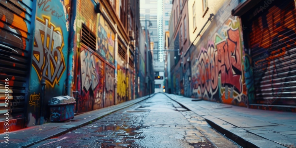 Fototapeta premium A rainy street with buildings covered in graffiti and a fire hydrant. Ideal for urban photography or depicting a gritty cityscape