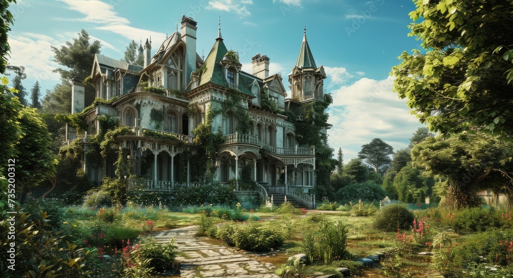 Victorian Wonderland: Majestic Castle and Lush Gardens in Spring Bloom
