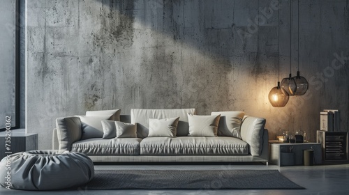 Luxurious Living Room Interior with Leather Sofa and Concrete Wall photo
