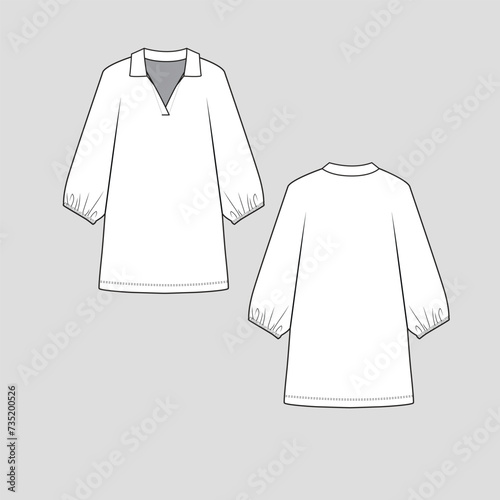 Collar Neck Kimono Sleeve long  top Long Sleeve Gathering hem Fashion design template  flat sketch technical drawing