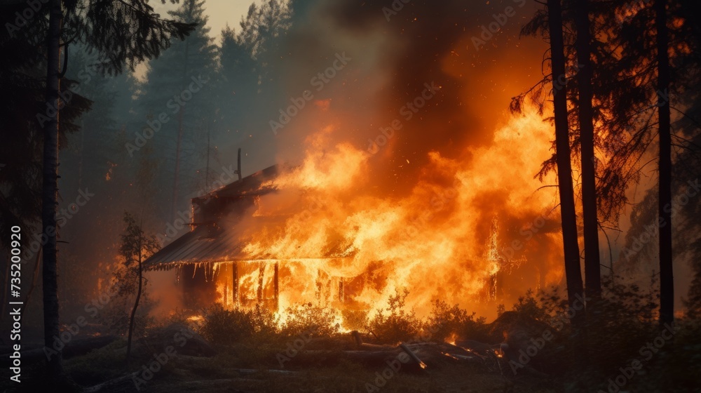 A small wooden village house is on fire in the middle of the forest with large copyspace area