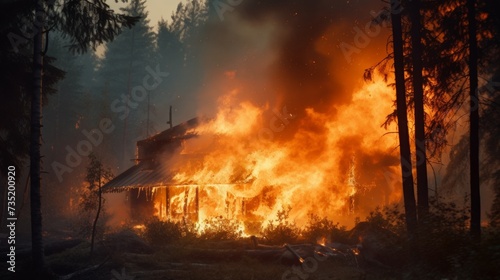 A small wooden village house is on fire in the middle of the forest with large copyspace area © ArtCookStudio